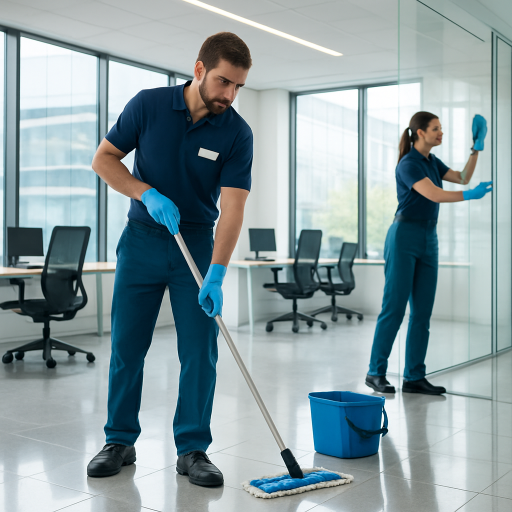 Professional cleaning team working in a modern office building